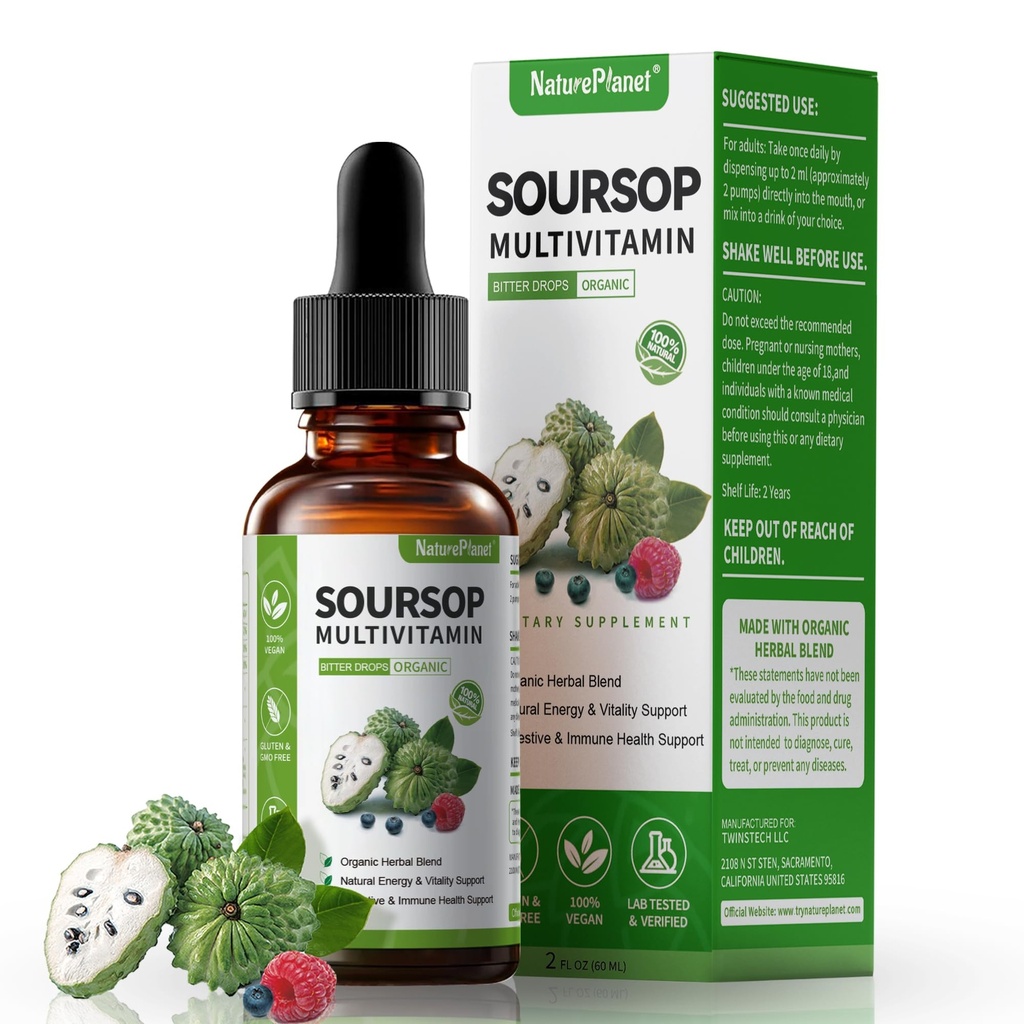 Graviola Soursop Bitters Liquid Drops with Vitamin C, D3, B6, 5000mg Soursop Fruit & Leaf Extract + 10 Bitters Botanicals for Immune Support Digestief Gezondheid Antioxidant Boost