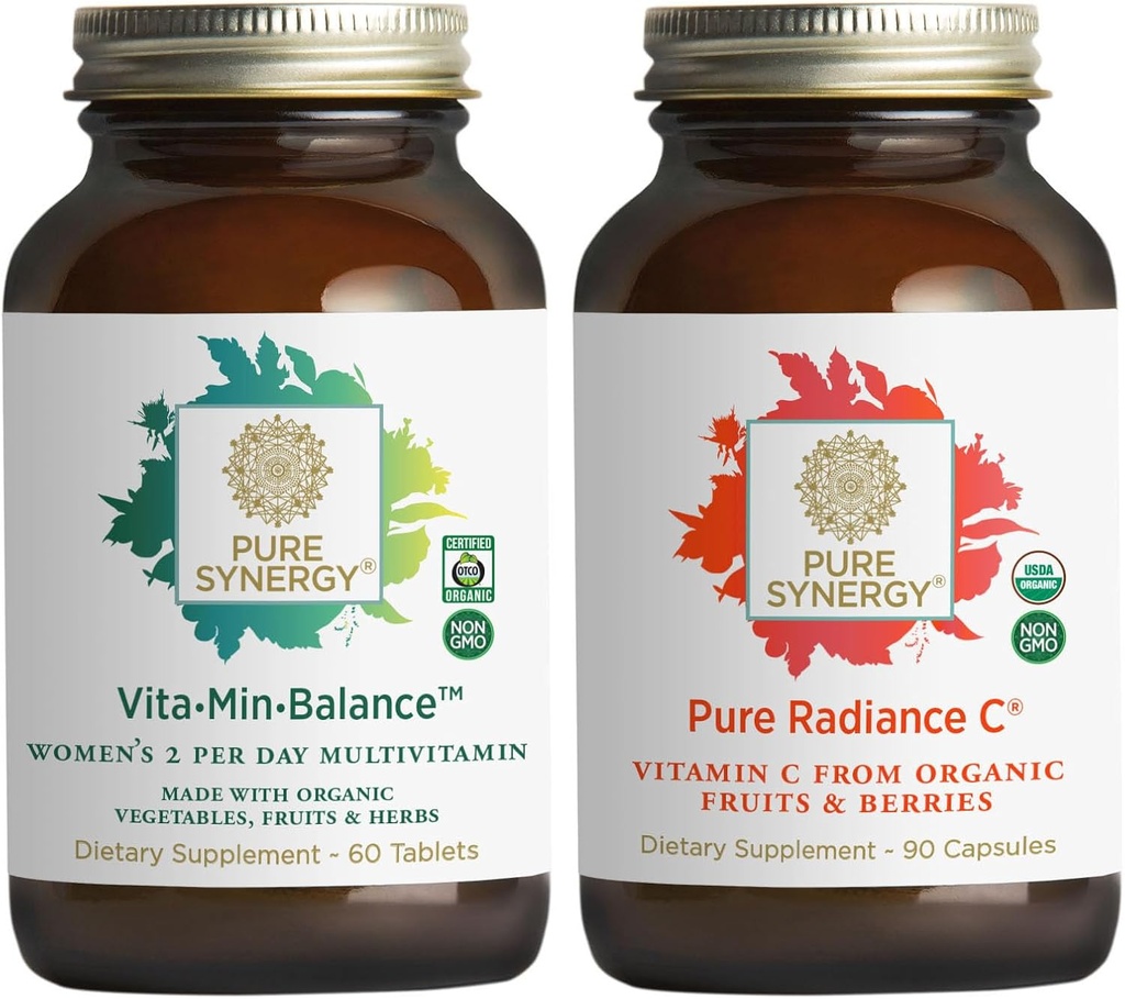 PURE SYNERGY Dames Multivitamine, Stress, en energie-essentials Bundel .Heal Food Multi met Adaptogenen . . Natuurlijke vitamine C Immune en huidsupplement . . . Vegan, niet-GMO, en organische ingrediënten