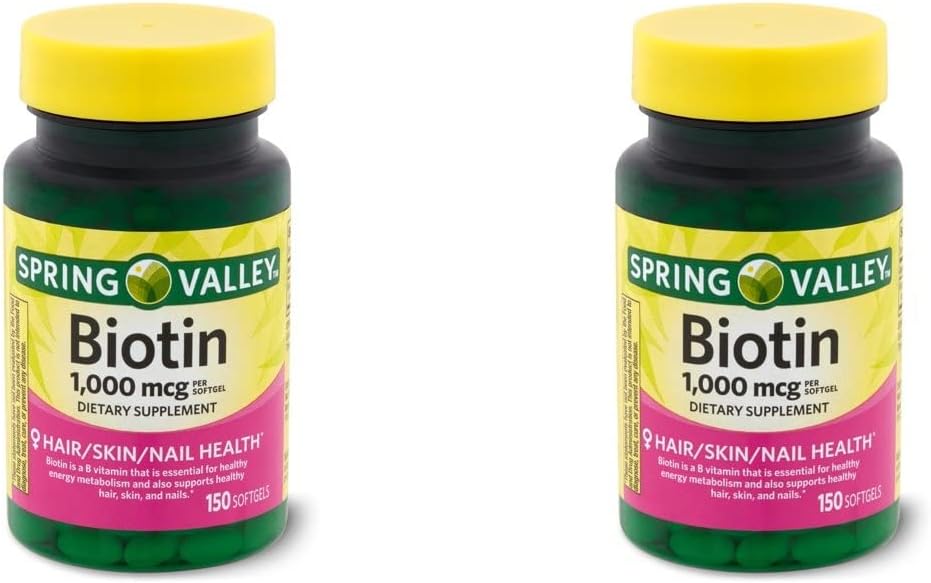 Spring Health Spring Valley Biotin 1000 Mcg 300 (2x150) Softgels voor gezonde huid, haar en nagels + uw vitaminegids©