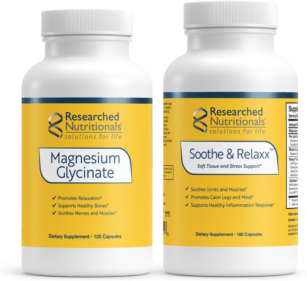 Onderzoek naar voedingssupplementen Kalmeer & Relaxx Bundel met Magnesium Glycinaat - Hoge Absorptie Magnesium + Geest & Spierondersteuning