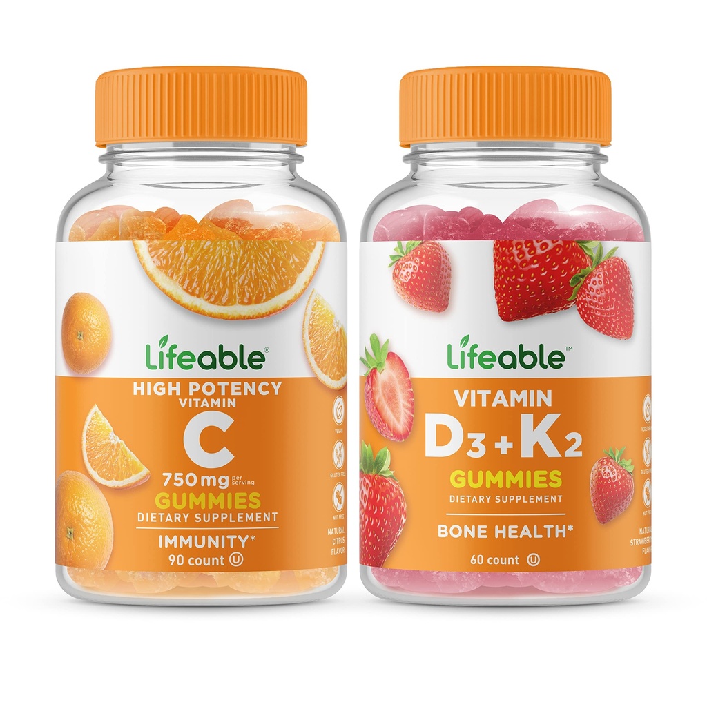 Levensbaar Vitamine C 750mg + Vitamine D3 + Vitamine K2, Gummies Bundle - Grote Proeverij, Vitamine Supplement, Glutenvrij, GGO-vrij, Kauwgom