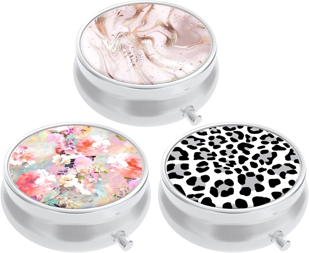 3 Pack pil Box, kleine pil geval voor portemonnee & zak, leuke reis medicijnen Organisator, draagbare geneeskunde container houder om vitamines vast te houden, medicijnen, visolie & supplement, roze bloemen luipaard