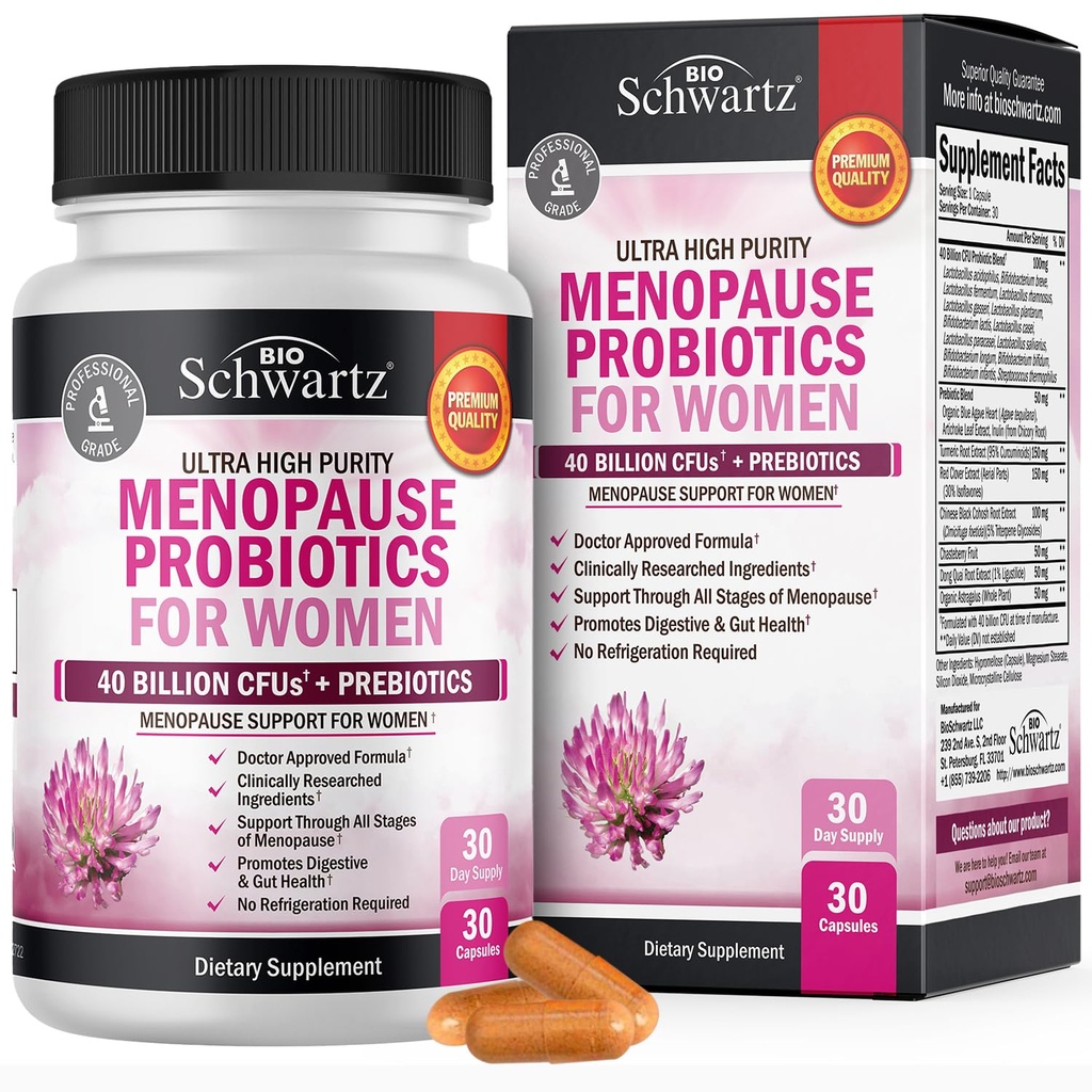 Menopauze supplementen voor vrouwen - 40 miljard CFU Menopauze Probiotica voor vrouwen - Ondersteuning voor Hot Flashes Night Sweats Mood Swings and Balance - Non-GMO, 30 Easy- Swallow Capsules, 30 Servings