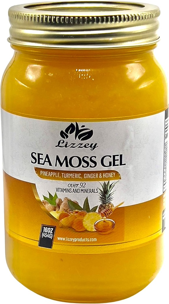 Lizzey 100% biologische, Ananas Flavored Sea Moss Gel met Kurkuma & Gember voor Immune Health en Digestieve Ondersteuning, voor mannen & vrouwen, alle natuurlijke Superfood Supplement