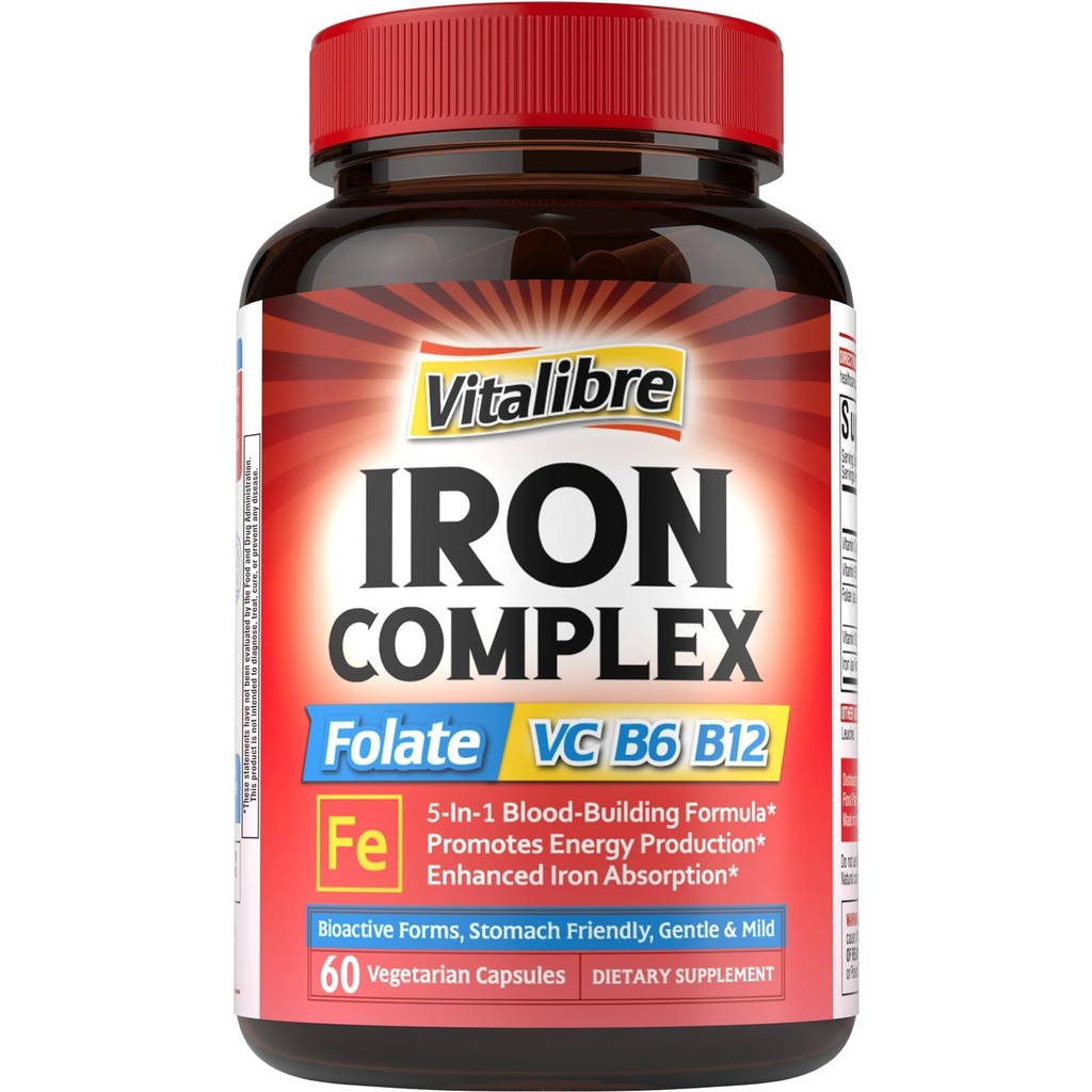 IJzersupplement voor vrouwen en mannen, met vitamine C, B6, B12 & Folaat voor ijzertekort, bloedopbouw en energie-ondersteuning, maagvriendelijk, betere absorptie, non-GMO, geen gluten, 60 veganistische caps