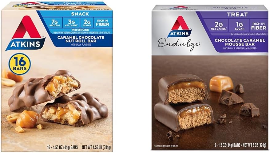 Atkins Caramel Chocolate Nut Roll Snack Bar, Protein Snack, Haute en fibre, 2g de sucre, 16 Compte et Endulge Chocolate Caramel Mousse Bar, Dessert préféré, 1g de sucre, Haute en fibre, 5 Compte