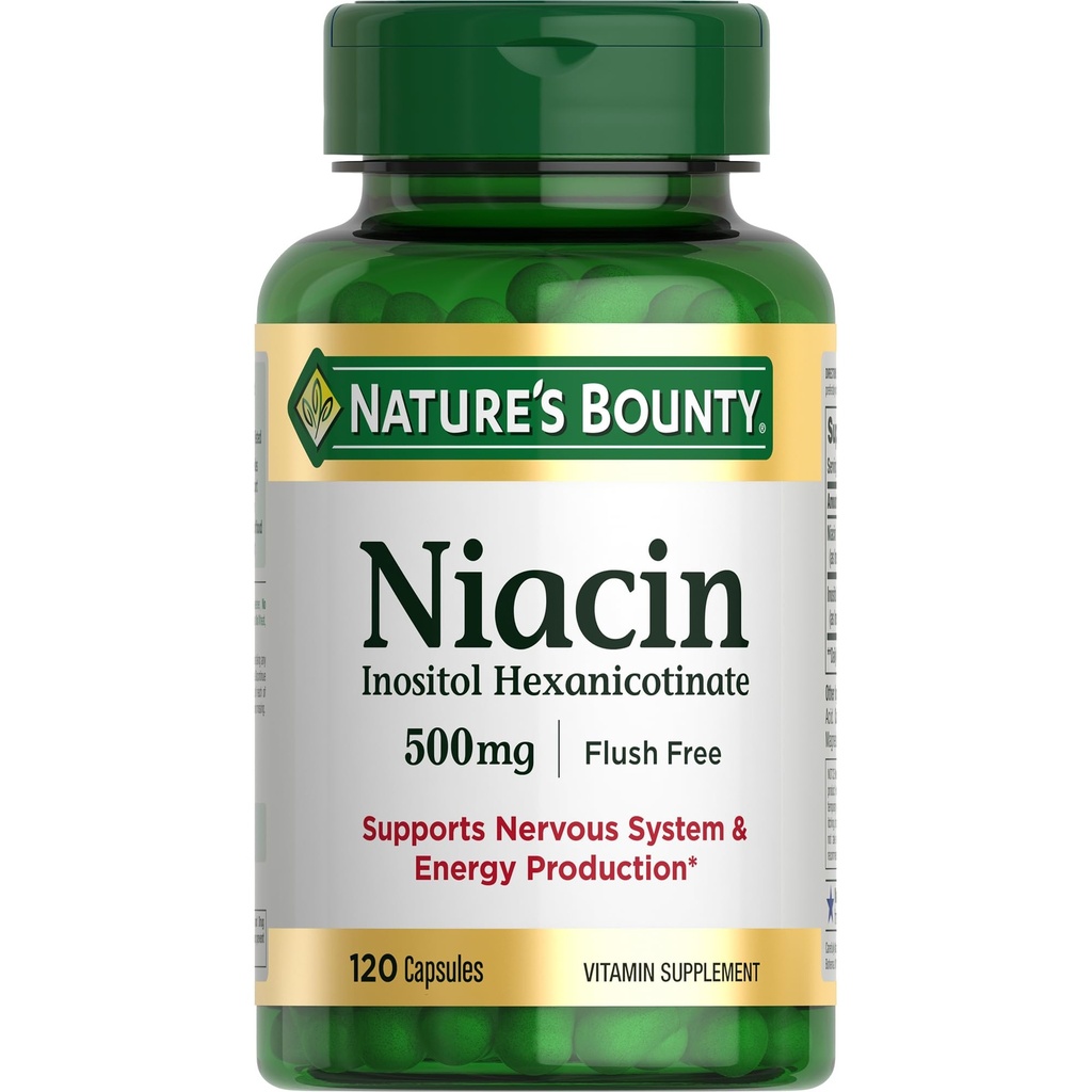 Nature's Bounty Niacin 500mg Flush Gratis, Cellular Energy Ondersteuning, Ondersteunt Zenuwstelsel Gezondheid, 120 Capsules
