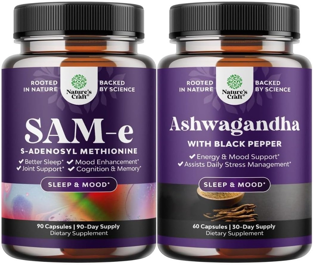Ensemble de SAM-E Nootropic Cerveau Supplément et Mood Enhancer Organic Ashwagandha Capsules - Supplément Soutien Cerveau - Thyroïde Énergie Focus et Support Adrénal