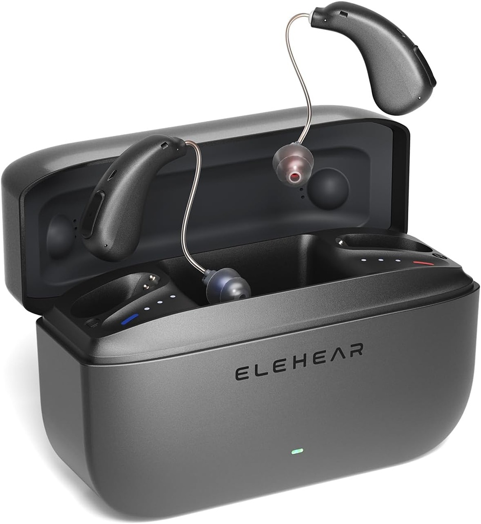 Alpha Hearing Aids, AI Noise Annulering OTC Hearing Aids voor senioren & volwassenen, Super Clear Sound, Langhoudende Batterij Oplaadbare Hoortoestellen, 4 Modi, Metallic Dark Grey