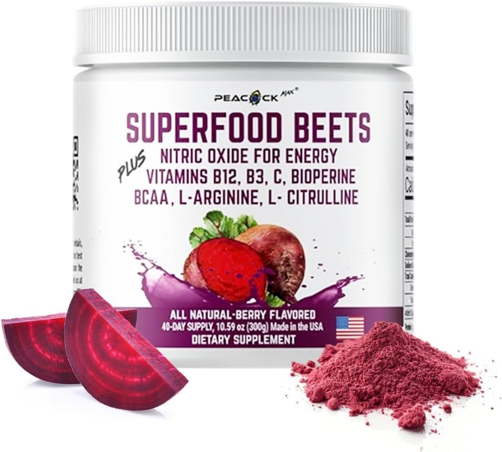 Betteraves Superfood en poudre, 10,59 oz 40 portions - Betterave en poudre Mélange de racine de betterave biologique avec thé vert et saveur de baie, non-OGM, mélange à base de plantes