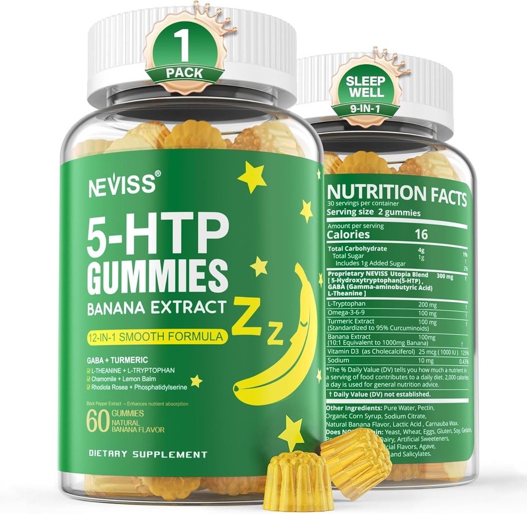 NEVISS 1Pack 5-HTP Gummies + GABA - Melatonine Gratis - Ontspannen Gummies met Banaan Extract, L-Theanine, L-Tryptofaan, Vitamine D3 voor gezonde rust cyclus & Circadian rhythm,Brain functie & Muscle Relax