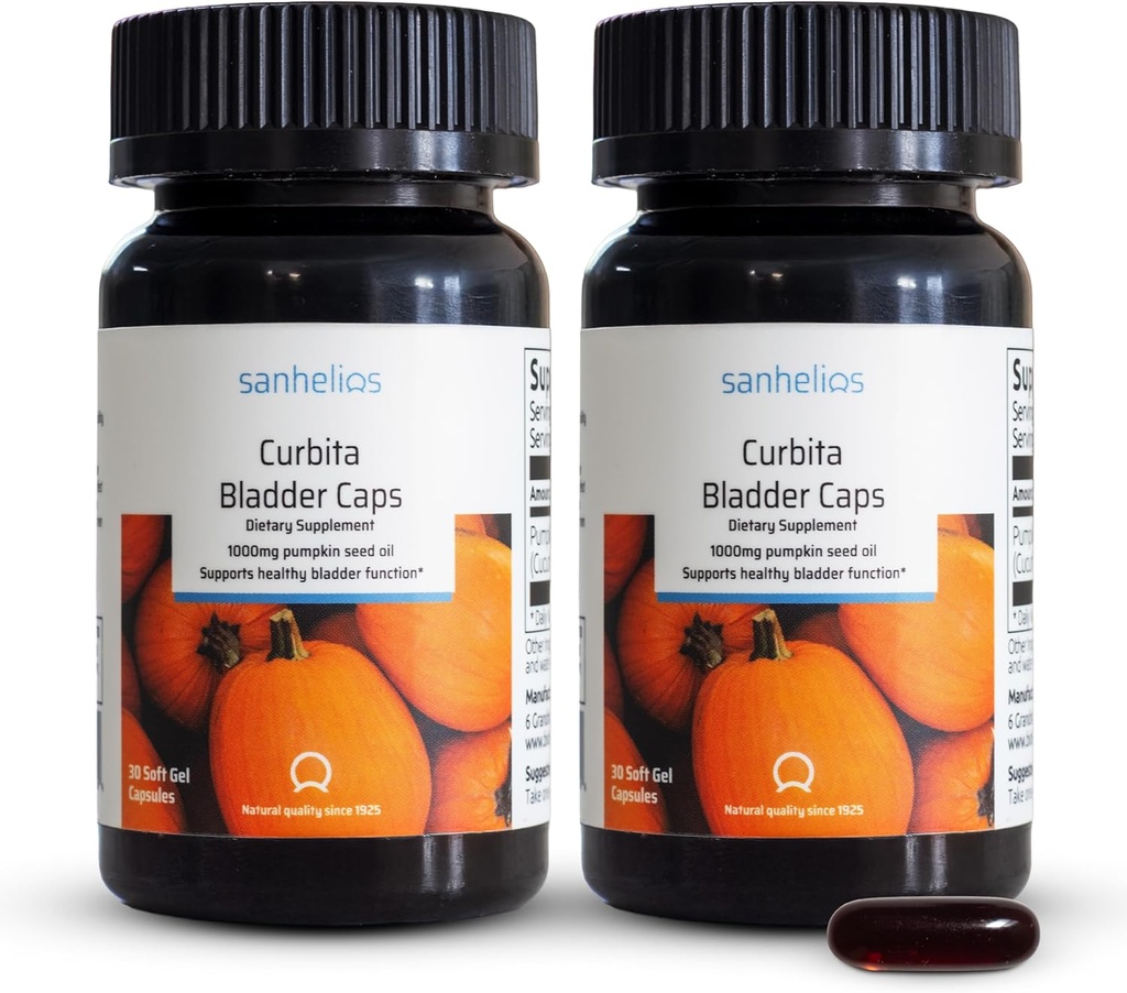 Sanhelios Curbita Blaider Caps Pompoenzaadolie 1000mg - Gezonde blaasfunctie Ondersteuningssupplement voor mannen en vrouwen - Niet-GMO, Suikervrij, Conserveervrij, Glutenvrij - 60 Capsules - 2 Pack