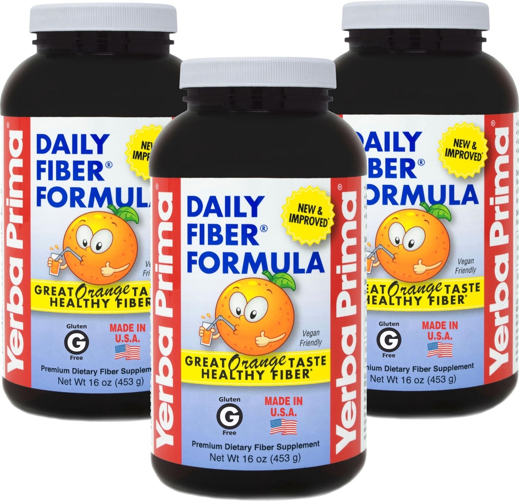 Yerba Prima Daily Fiber Formula 16 oz Powder (pakket van 3) - Geweldige Proeverij Premium Dietary Fiber Supplement, Made in The USA, Non-GMO, Glutenvrij, Natuurlijk Oranje Smaak