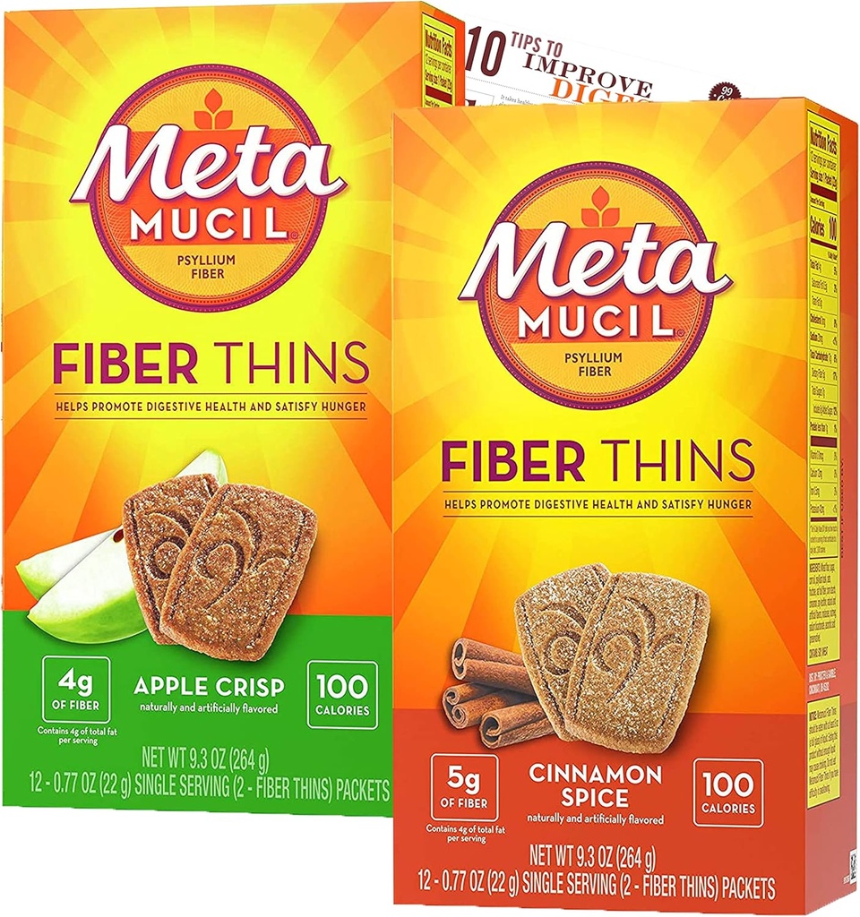 Metamucil Fiber Thins Fiber Supplement met Bleam Digestive Health Support Tip Card Psyllium Fiber Bars - 12CT Apple Crisp & 12CT Kaneel Spice - Set