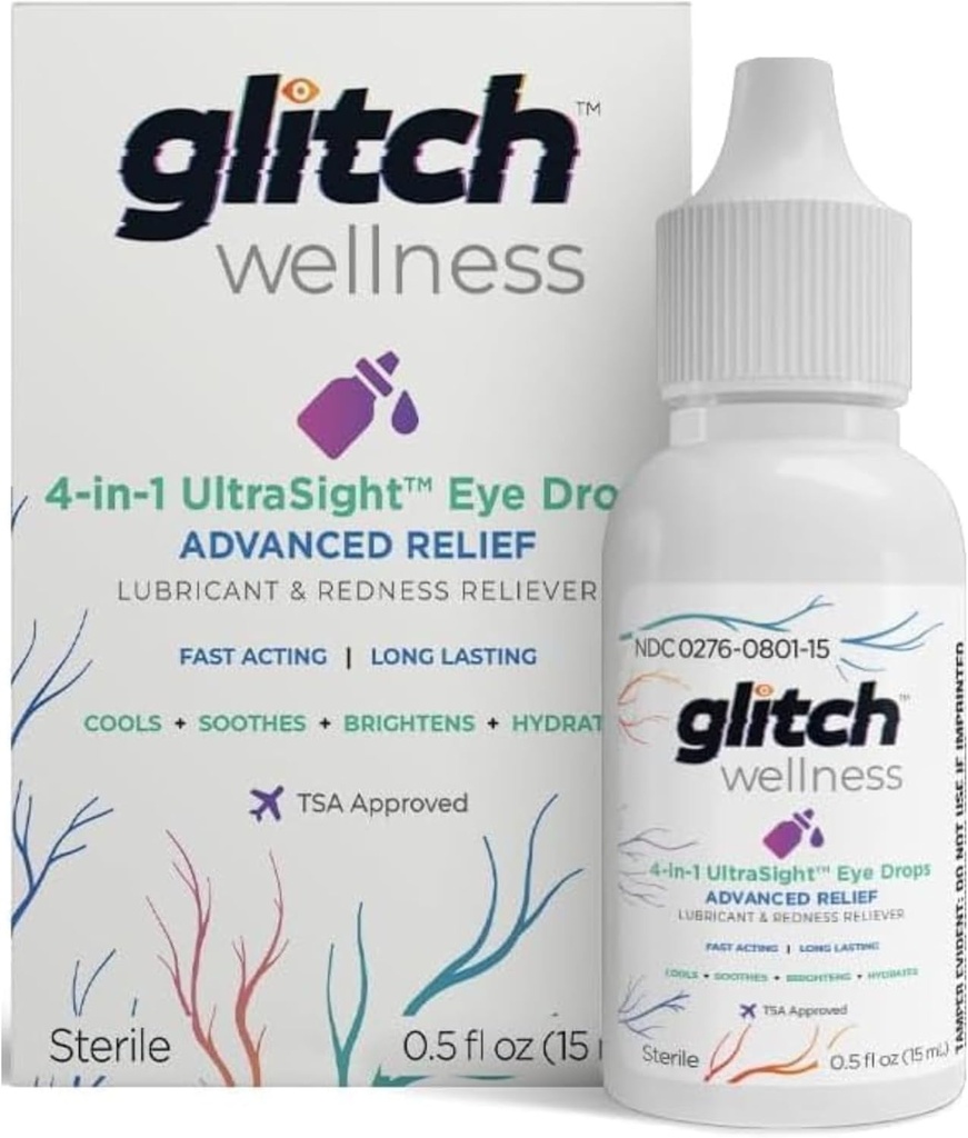 Glitch UltraSight Eye Drops for Dry Eyes 15ml - 4 in 1 Advanced Relief Dry Eye Drops - All Day Comfort with Hydration, Brightening, Cooling - Effectively Sooths Irritation & Dryness - 0,5 Fl Oz