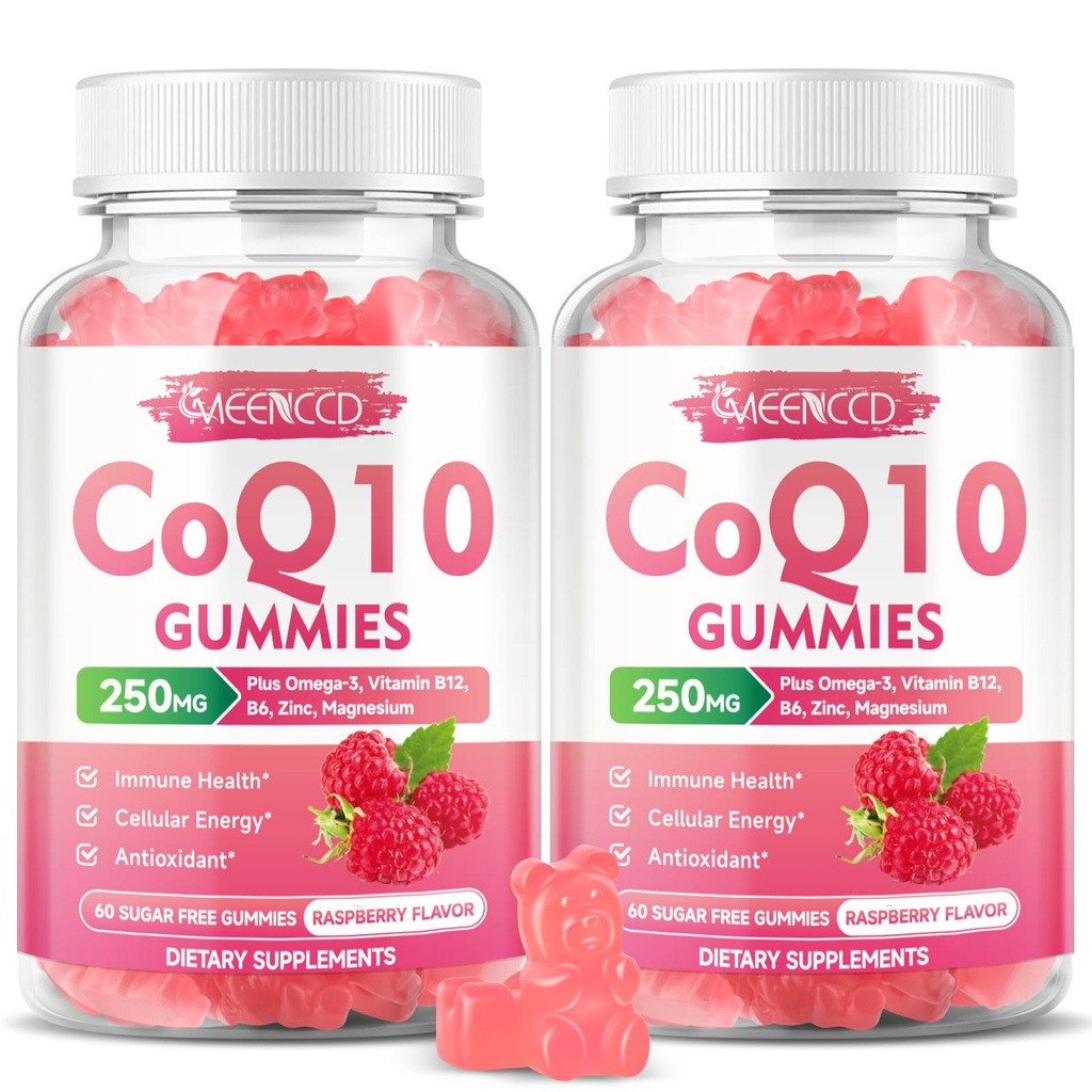 Suikervrije CoQ10 Gummies 250mg, Co-enzym Q10 Supplementen Plus Omega-3, Vitamine B6 & Zink, Hoge Absorptie CoQ10 Supplement voor Cellulaire Energie & Antioxidant Ondersteuning, Raspberry Flavor, Vegan 120Cts