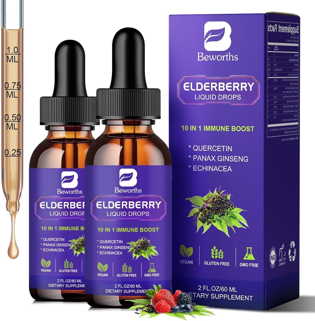 2 Pack Vlierbessen Siroop, Zwarte Vlierbessen Drops met Quercetine, Panax Ginseng, Vitamine C en Zink, Sambucus Vlierbessen Siroop Liquid for Immune Support, Vegan, Non-GMO & Glutenvrij