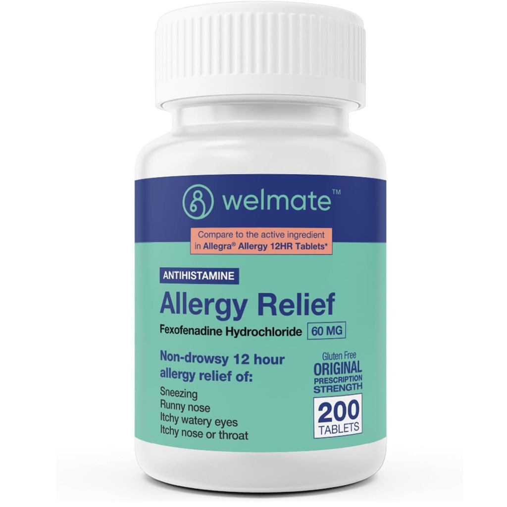 WELMATE - Allégation à l'allergie - Fexofenadine HCl 60 mg - 12 heures Antihistaminique non somnolente - Éternuement - Nez de runnie - Yeux de démangeaison, nez et gorge - Comprimés anti-allergie - 200 Compte