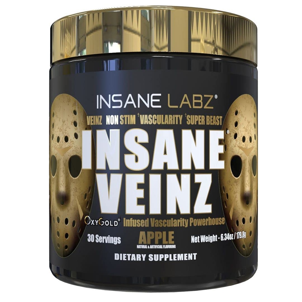 Insane Labz Insane Veinz Gold, Nitric Oxide Non Stimulant pre workout Poeder, geladen met Hydromax, Nitrosigine, Verhoogt Bloedvatigheid en Bloedstroom, 30 Srvgs, Apple
