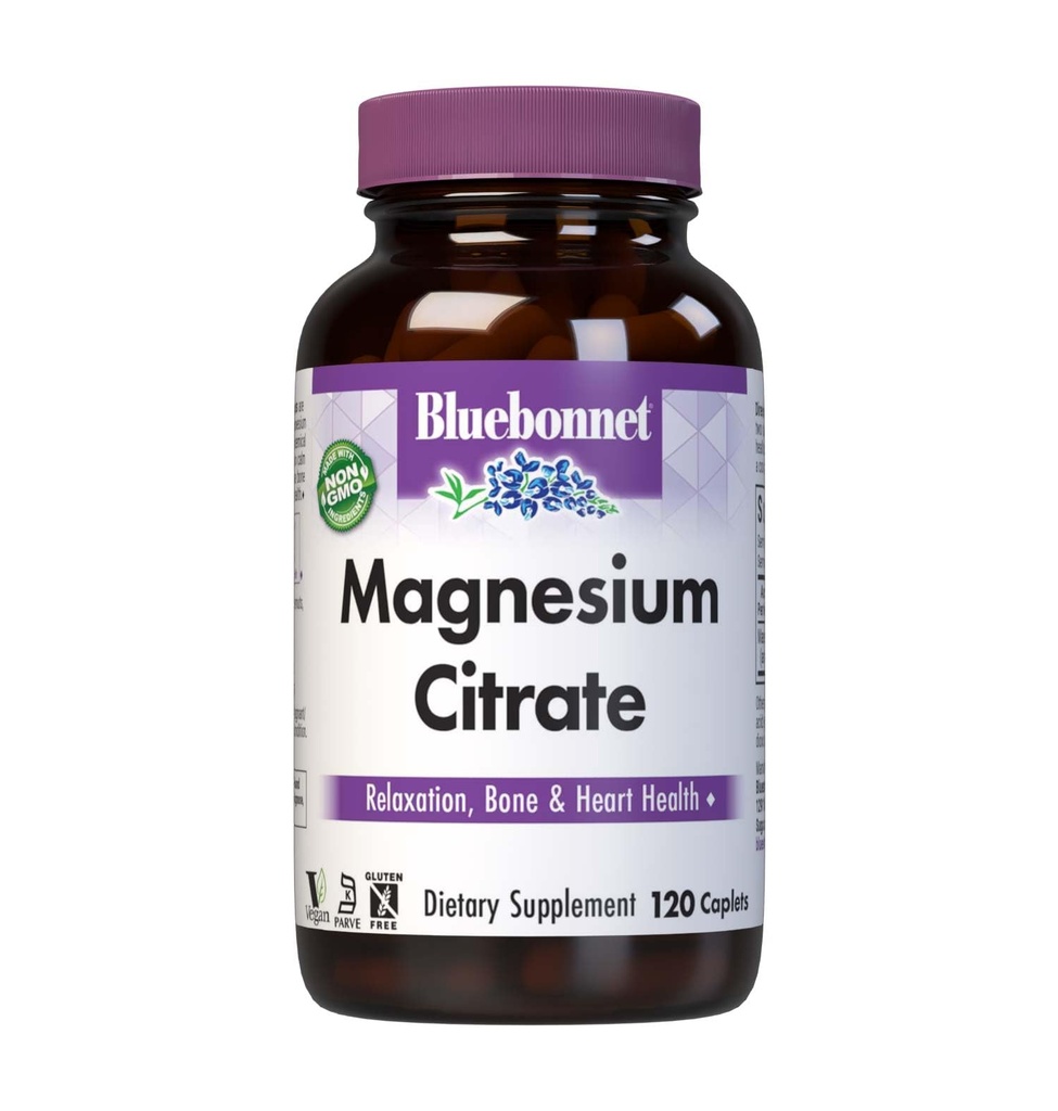 Bluebonnet Nutrition Citrate de magnésium, 400mg de magnésium, Absorption maximale, soutient la production de santé et d'énergie immunitaire*, sans soja, sans gluten, sans OGM, sans cacher, sans lait, végétalien, 120caplets
