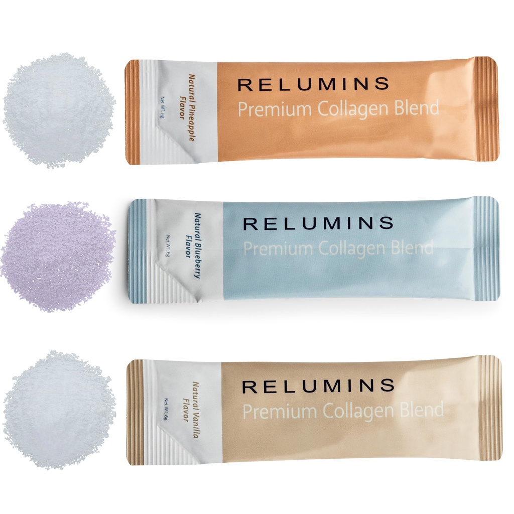 Relumines Marine Collageen Powder Drink Mix - Collageen Peptide met Glutathion, Green Tea, CoQ10, & Hyaluronic Acid Boosts Glad Glowing Skin - 100 Powder Sachets x Mix Flavored