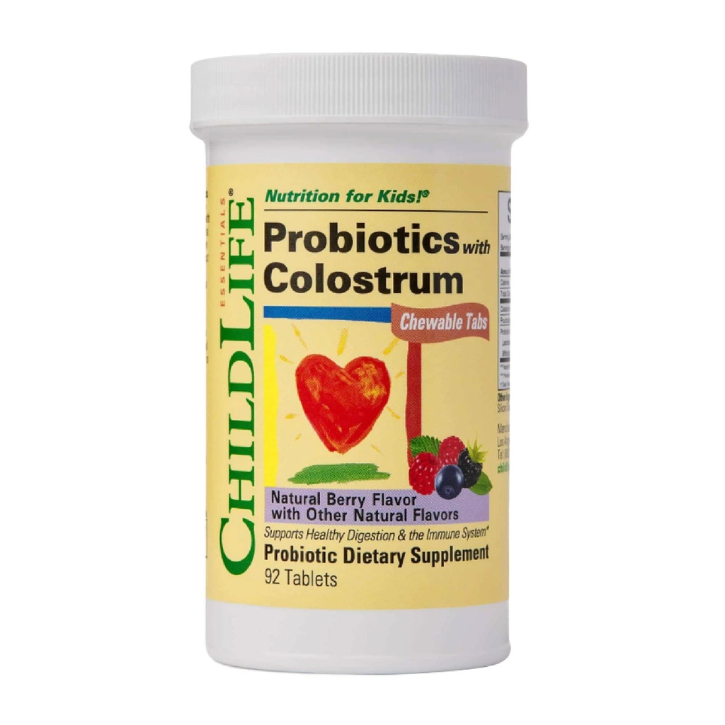 KHILDLIFE ESSENTIËLES ChildBiotics met Colostrum- Probiotica voor kinderen, Probiotica voor de spijsvertering gezondheid, Kauwtabletten, Kinderprobiotica, Colostrum voor kinderen, Glutenvrij - Natural Berry, 92 tabletten
