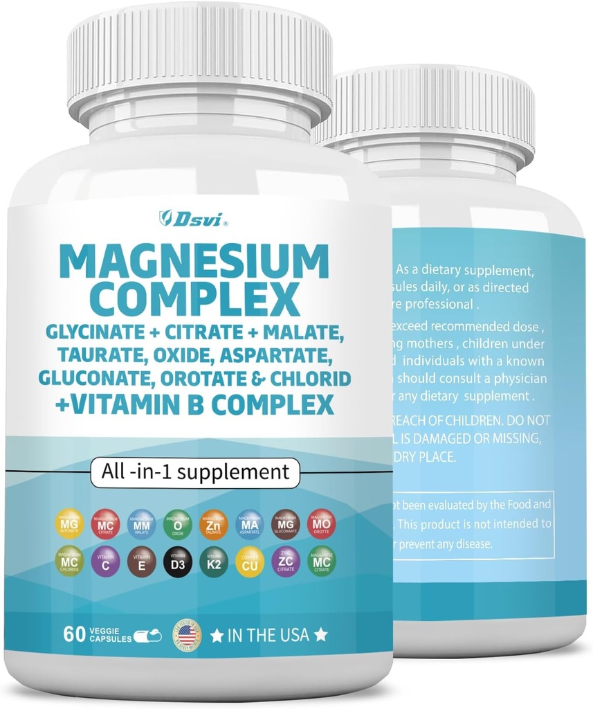 60 Graaf Magnesium Complex 2285mg met Magnesium Glycinate Citrate Malate Oxide Taurate Aspartate Gluconate Orotate & Mag Chloride, Zink Koper Mangaan & Vitamine C B1 B2 B6 B12 Complex USA