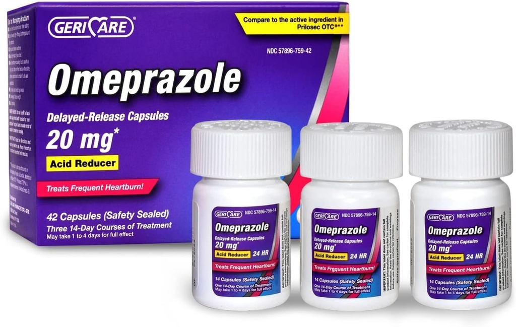 GeriCare Omeprazol Vertraagde Release Capsules 20,6 mg - Acid Reducer Pillen voor 24 uur Heartburn Relief - Acid Reflux Medicine to Treat Frequent Heartburn (42 telling)