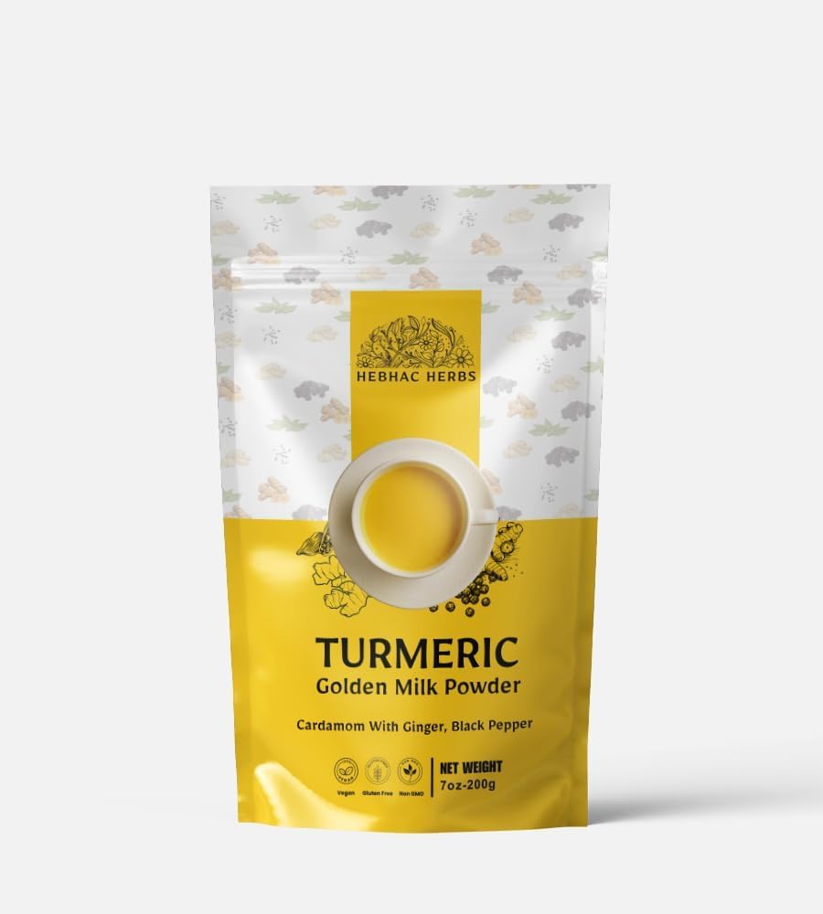Kurkuma Golden Milk Powder - 200g, Blend of Turmeric, Black Pepper, Ginger, Cardamom, and Cane Sugar By Hebhac Kruiden