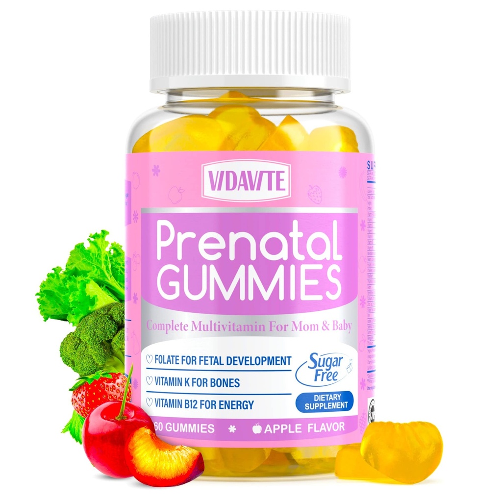 Suikervrij Prenatale Gummies 30+ Nutriënten (Choline, Folaat, IJzer, Vitamine) voor foetale en Neurale ondersteuning, Bones, Energie & Immuniteit 