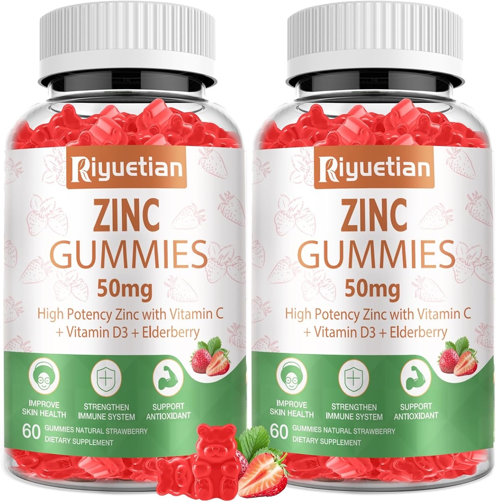 Zink Gummies 50mg - Vitamine C, D3 & Vlierbes, Echinacea, Zink Immune Health Gummies, Non-GMO, Natural Antioxidant Supplements for Men & Women, Vegan 2 Pack