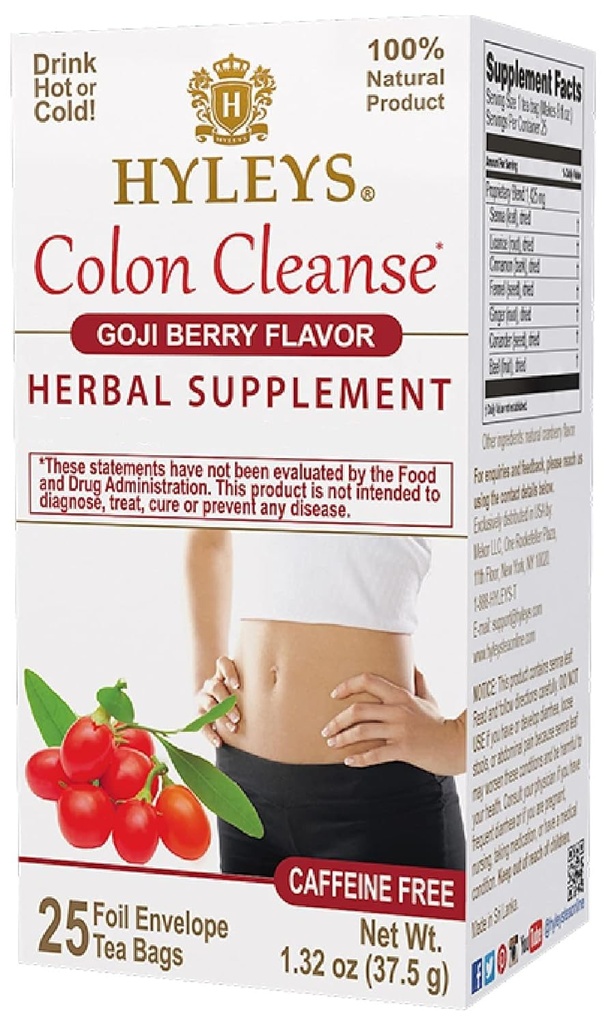 HYLEYS Colon Cleanse Tea, Goji Berry Flavor - 25 Individually Wrapped Herbal Tea Bags - Caffeine Free, Gluten Free