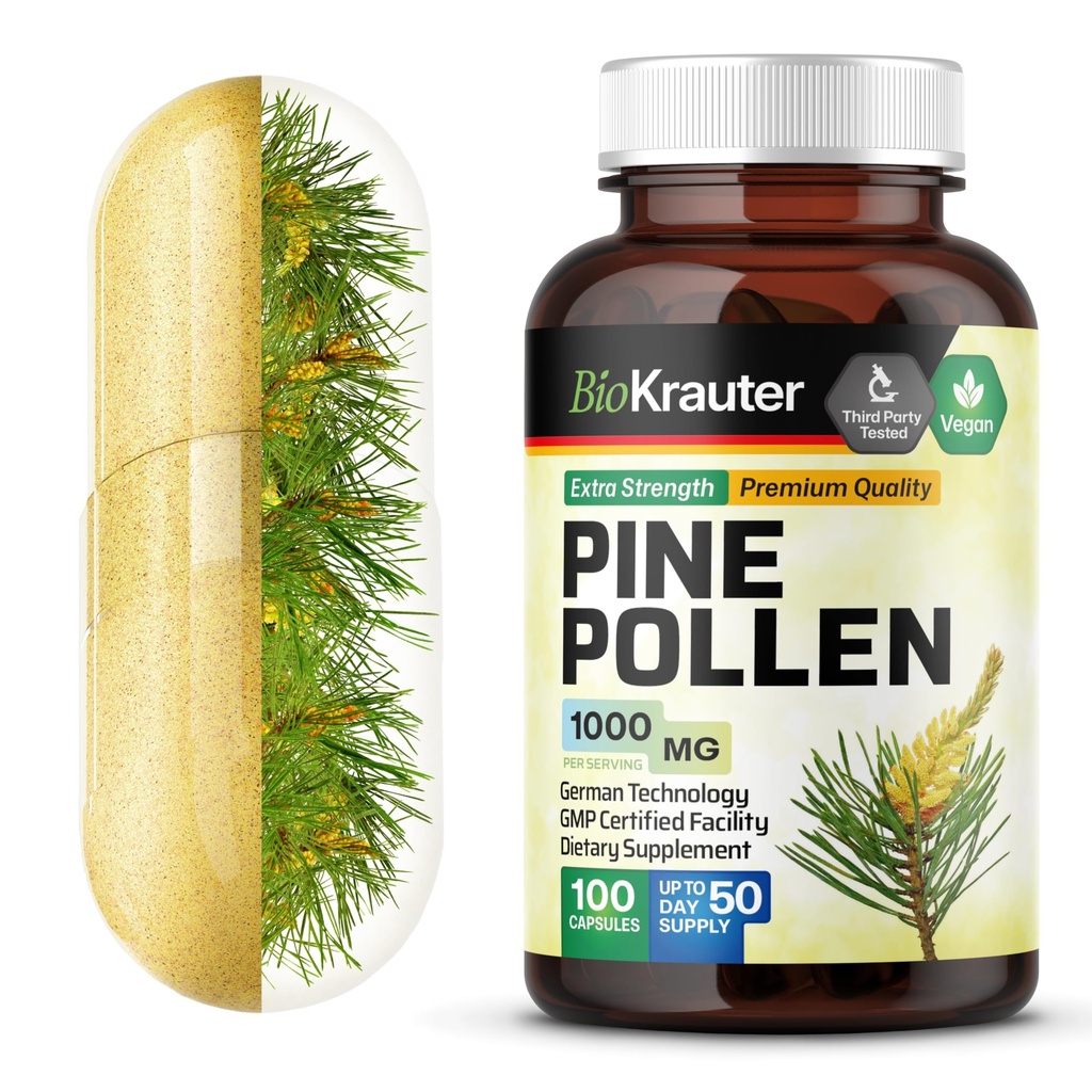 BIO KRAUTER Pine Pollen Powder Capsules 1000 mg - 100 Pine Pollen Capsules for Men and Women Support - Supplément à base de plantes pour le soutien immunitaire