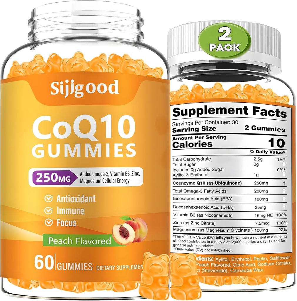2 Pack CoQ10 Gummies, Plus Oméga-3, Vitamine B3 et zinc, Magnésium, 5X High Absorption Coenzyme Q10 Suppléments, q10 pour stimuler l'énergie cellulaire, Potent Antioxydant et cerveau, Peach Flavor, 120 Cts