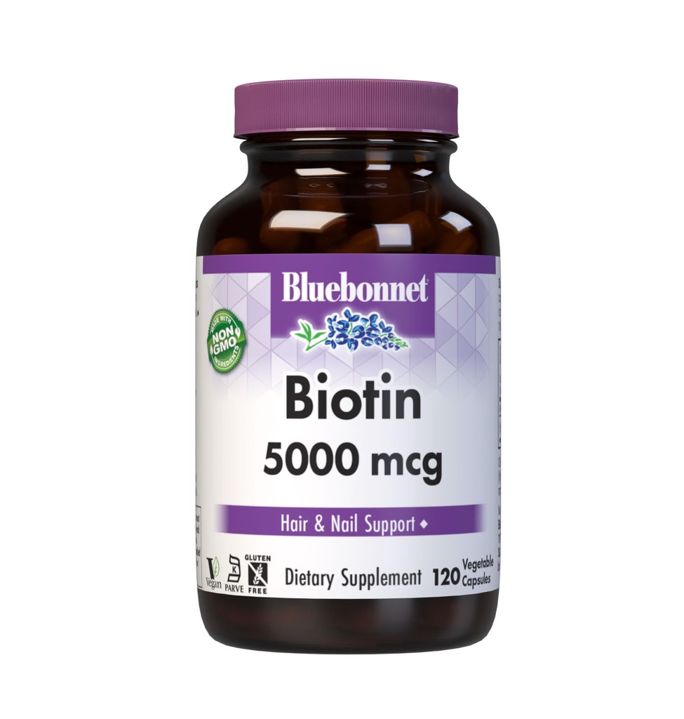Bluebonnet Nutrition Biotin 5000 mcg, Soutien aux cheveux et ongles*, Non-OGM, Vegan, Certifié Casher, Sans gluten, Sans soja, Sans lait, 120 capsules végétales, 120 portions