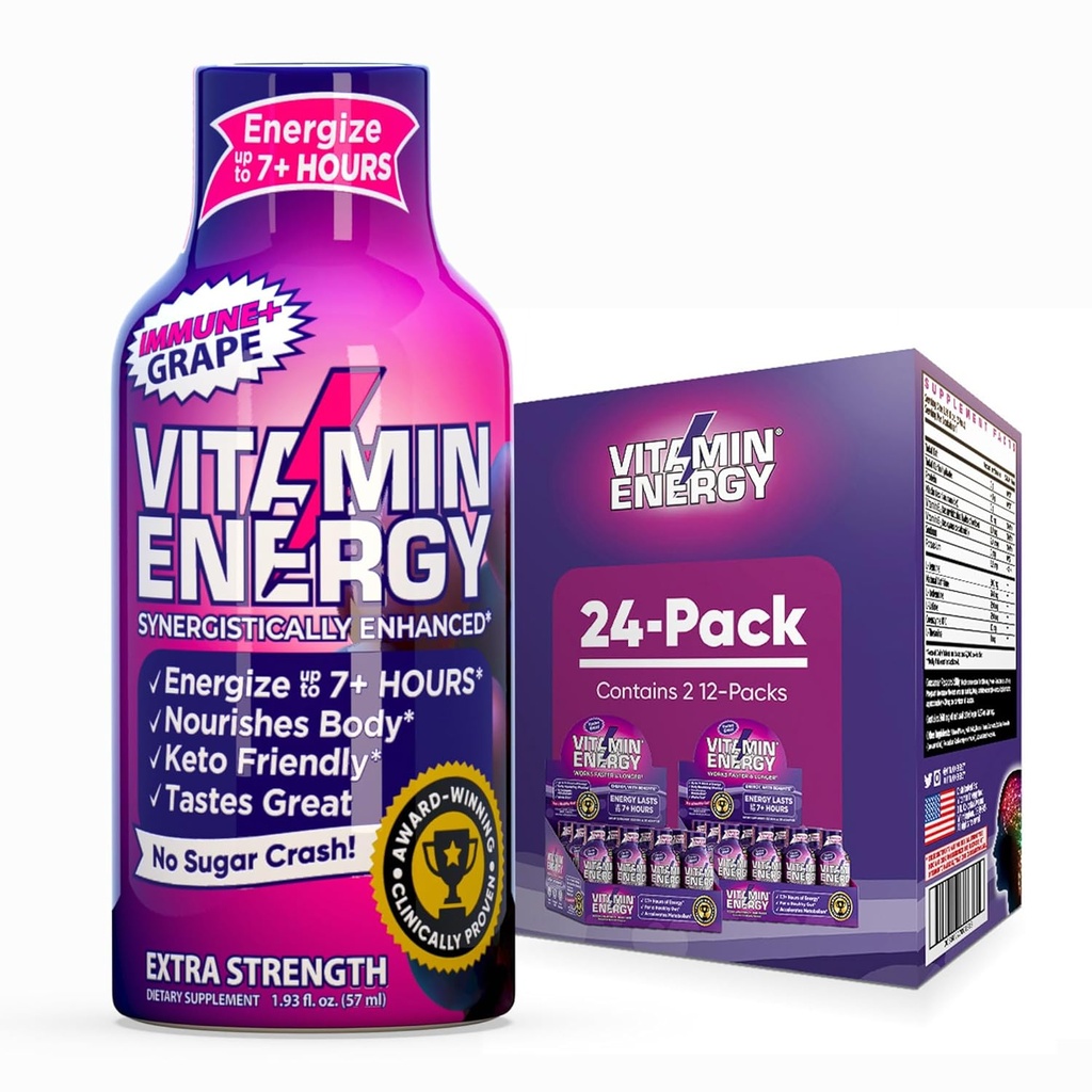 Vitamine Energie Immune+ Extra sterkte Energie Shot Grape 24 Pack, 260mg Natural Cafeine, B-Vitamins, Citicoline, Green Tea, Immunity & Focus Support, Zero Sugar, Gluten-Free 1,93 fl oz