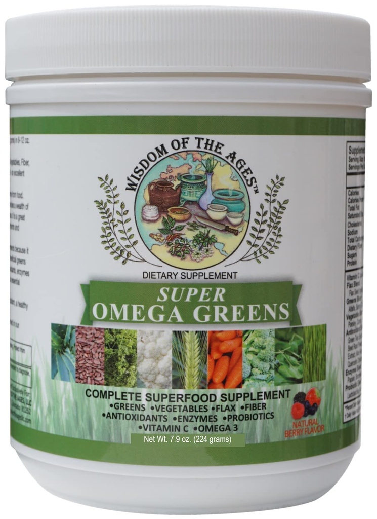 Super Omega Greens Complete Superfood Supplement met Groenen, Groenten, Vlas, Vezel, Antioxidanten, Enzymen, Probiotica, Vitamine C en Omega 3-7,9oz Poeder