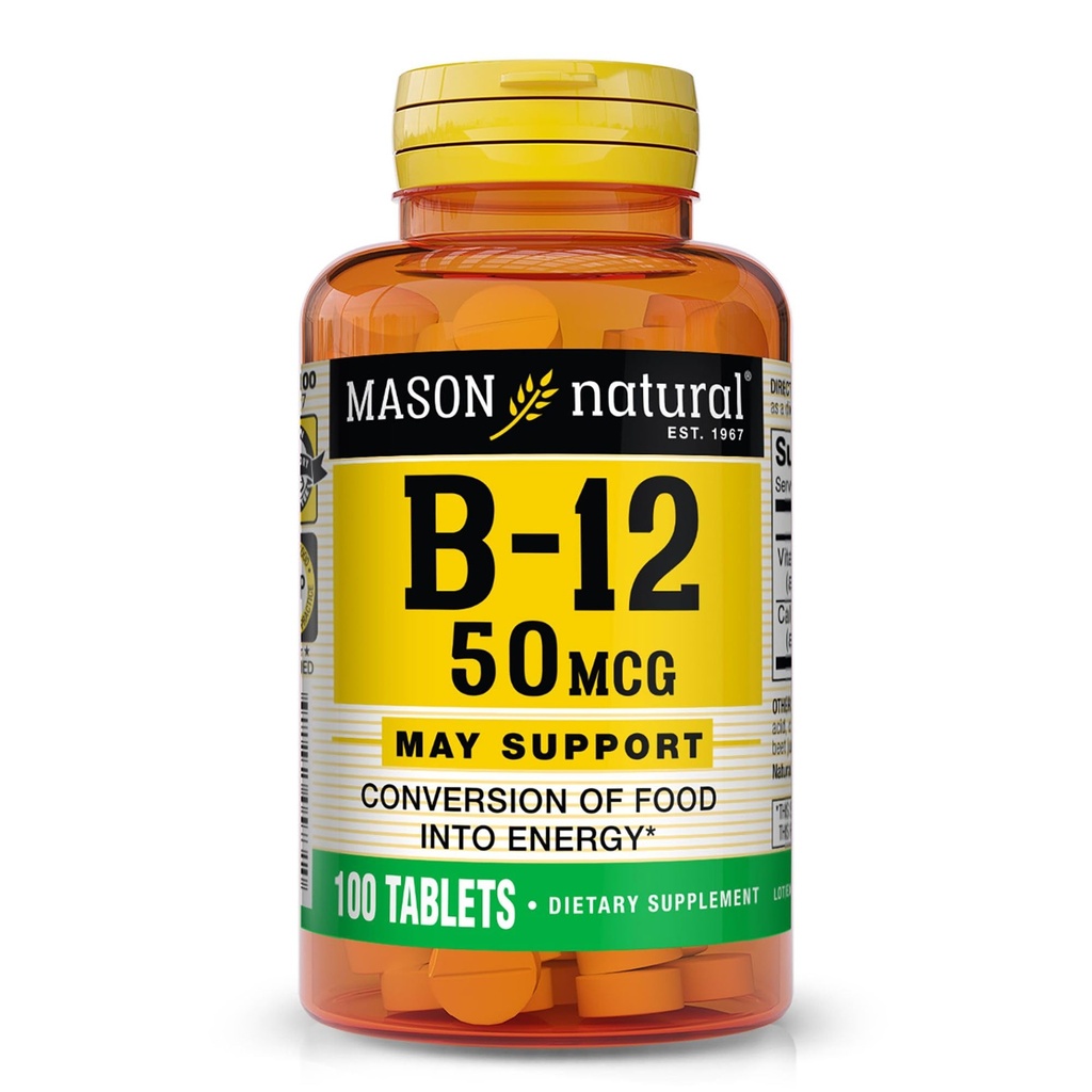 MASON Vitamine naturelle B12 50 mcg avec calcium, 100 jours d'approvisionnement, supplément alimentaire pour soutenir les niveaux d'énergie naturelle, 100 comprimés (paquet de 1)