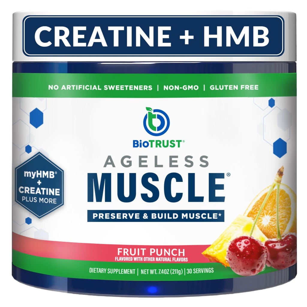 BioTrust Ageless Muscle Builder - Creatine HMB Powder with Vitamine D3 & Betaine - Build & Conserve Naturally Declining Muscle Mass & Strength - Fruit Punch, 30 Servings
