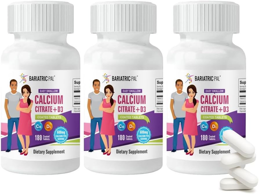 BariatricPal Citrate de calcium facile à avaler (600mg) et comprimés enduits D3 (approvisionnement de 90jours)