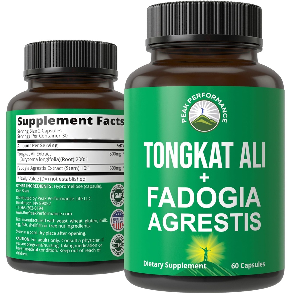 Tongkat Ali + Fadogia Agresti 2-en-1 T Supplément pour les hommes. Extrait de Longjack Tongkat-Ali ultra-fort + Fadogia Agresti Extrait. Capsules véganes. Soutenir l'énergie naturelle. Pilules testées aux États-Unis