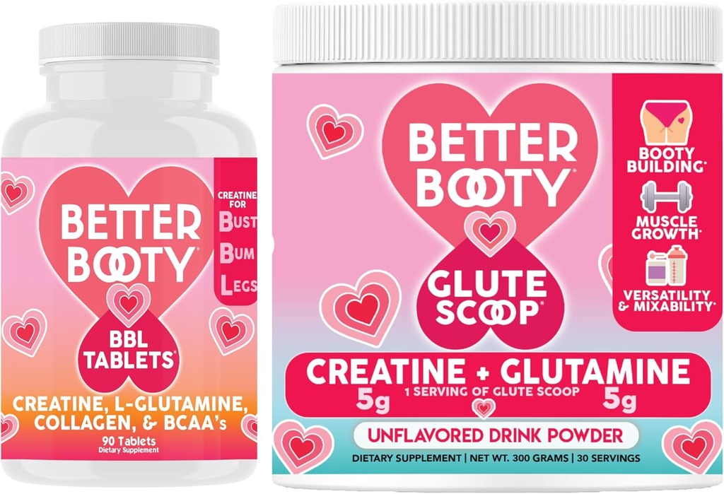 Boze supplementen Better Booty Vrouwen Create Combo: BBL tabletten (90ct) w. Creatine, Glutamine, BCAA's, Collageen + Glute Scop Creatine & Glutamine Unflavored Drink Mix