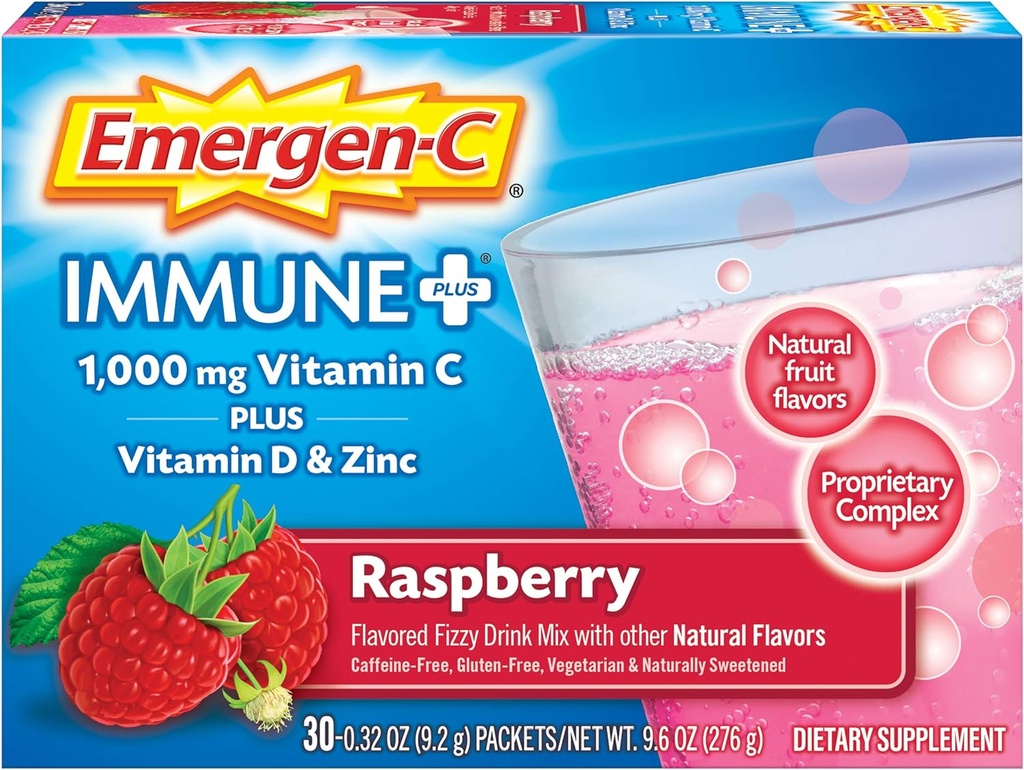 Emergen-C Immune+ 1000mg Vitamine C Poeder, met vitamine D, Zink, Antioxidanten en Elektrolyten voor Immuniteit, Immuun Ondersteuning Dieetsupplement, Raspberry smaak - 30 Tellen/1 Maand Levering