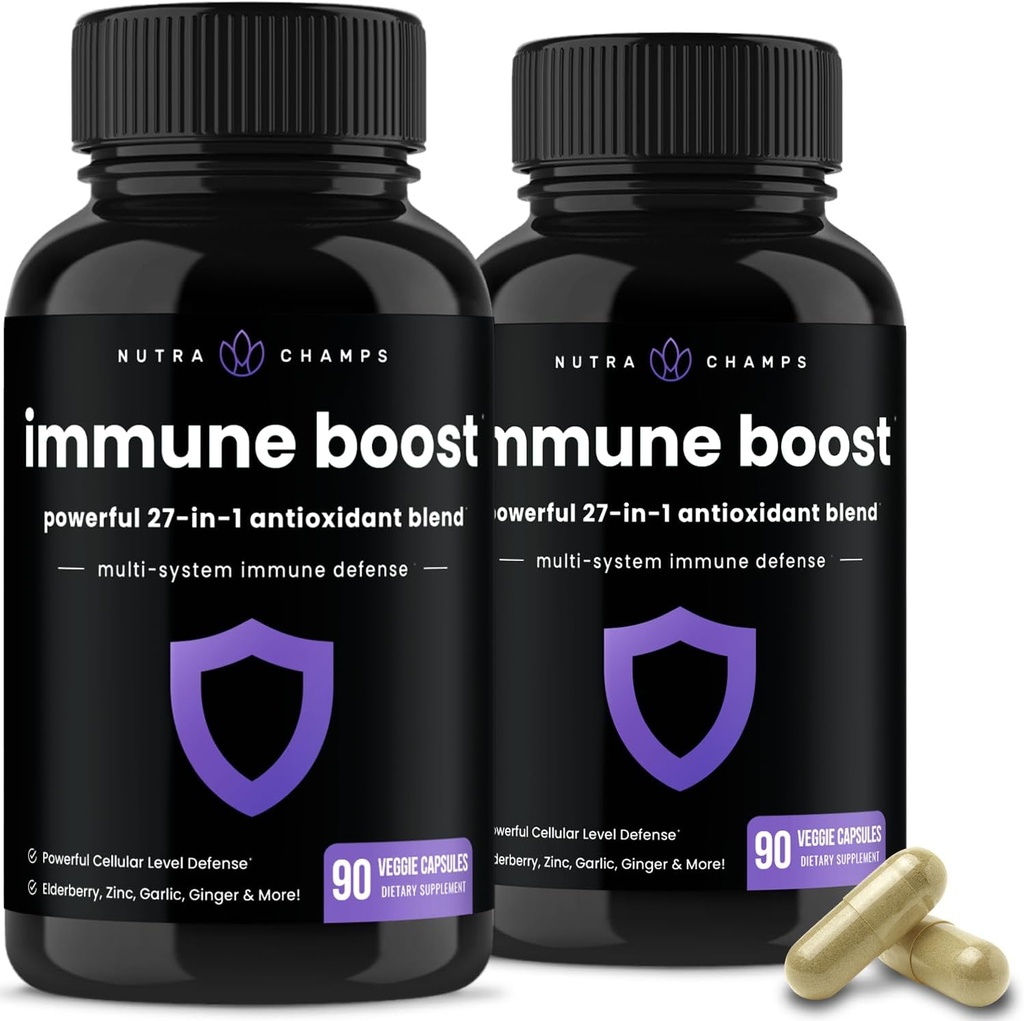 NutraChamps 27 en 1 supplément de soutien immunitaire, 90 capsules de défense immunitaire, 1000mg vitamine C, 5000 UI D3, Elderberry, zinc, 1 milliard CFU probiotiques et plus (paquet de 2)