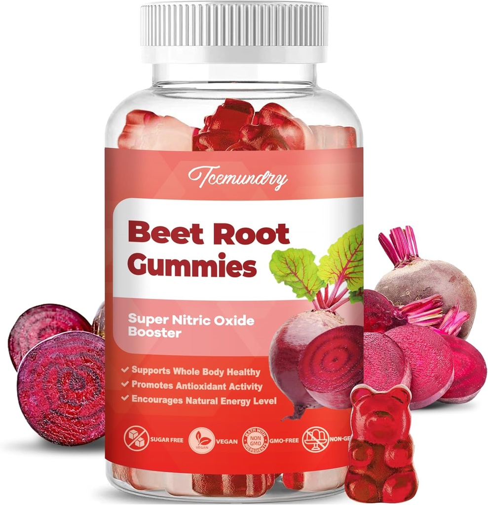 Gommies de racines de betteraves sans sucre - soutient l'énergie et la santé du corps entier - 1500mg Gommies de racines de betteraves pour les femmes hommes (60 comte)