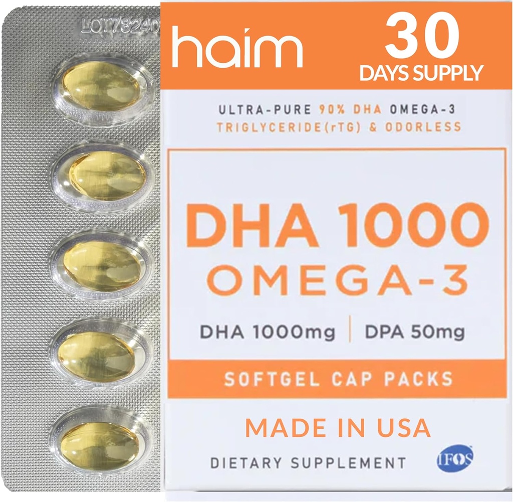 HAIM DHA 1000 Omega-3 Huile de poisson - 90% Pureté avec 1000mg DHA, 50mg DPA - Supplément d'huile de poisson à haute puissance pour le cerveau, l'oeil et le coeur - Promotion du bien-être et de la concentration - 1 boîte, 60 Softgels