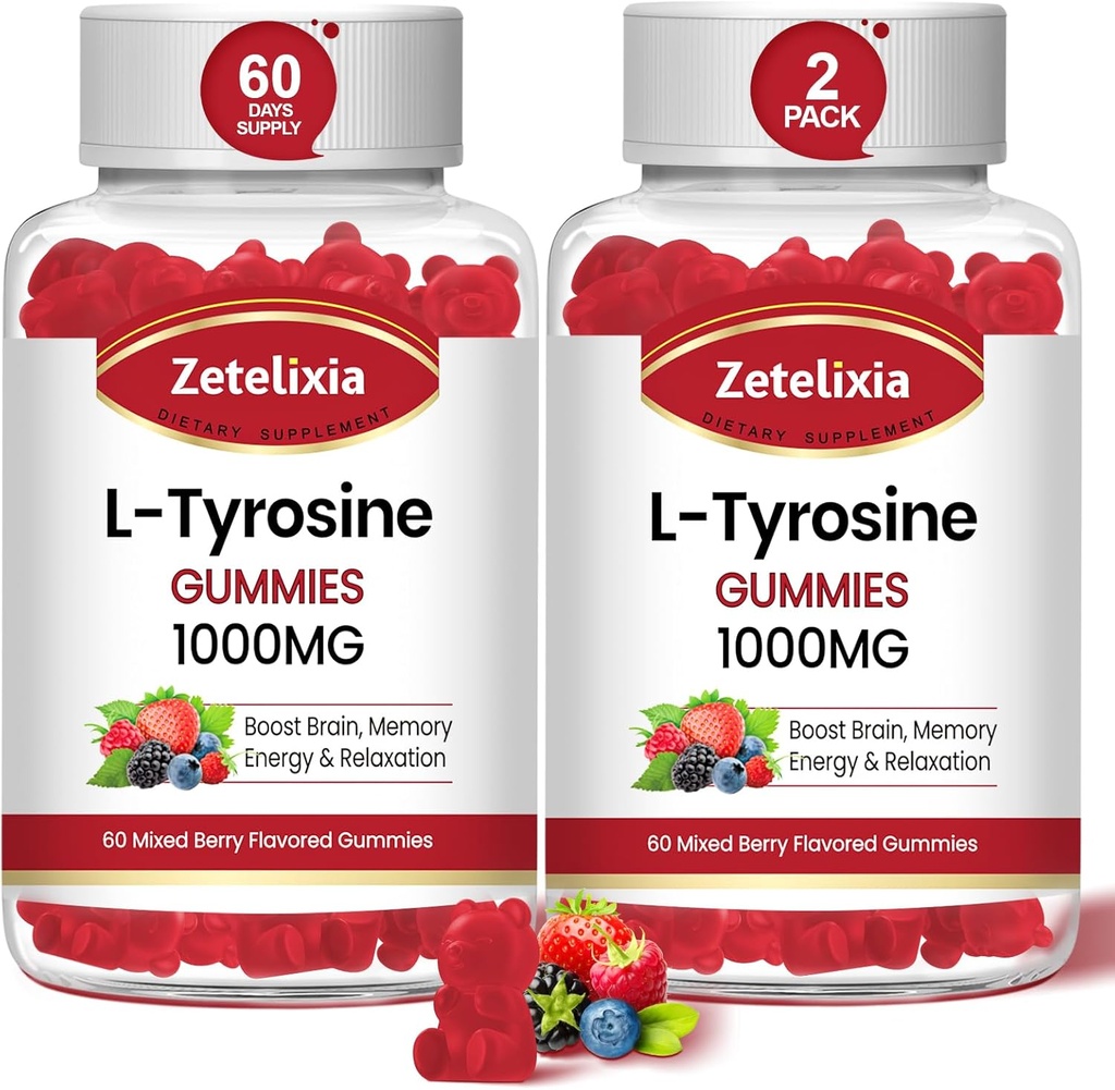 L Tyrosine Gummies 1000mg, L-Theanine Supplement Gummy 200mg, Suikervrije L-Tyrosine met vitamine B6 energiesupplementen voor volwassenen en kinderen - Ondersteuning Mood Focus Gummies, Brain Geheugen,120 Tellen