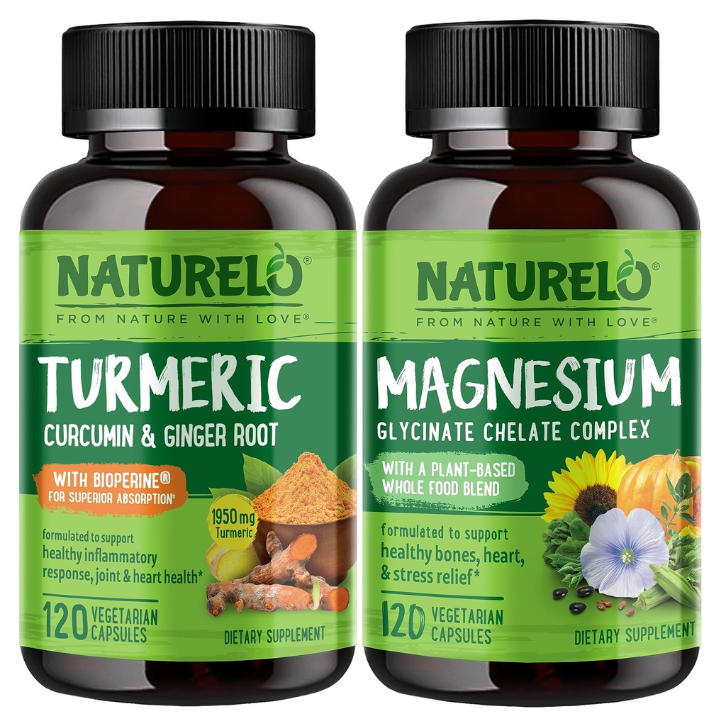 NATURELO Curcumine tumérique, support à base de plantes, glycinate de magnésium, 200 mg de magnésium - sans gluten, sans OGM - 120 capsules