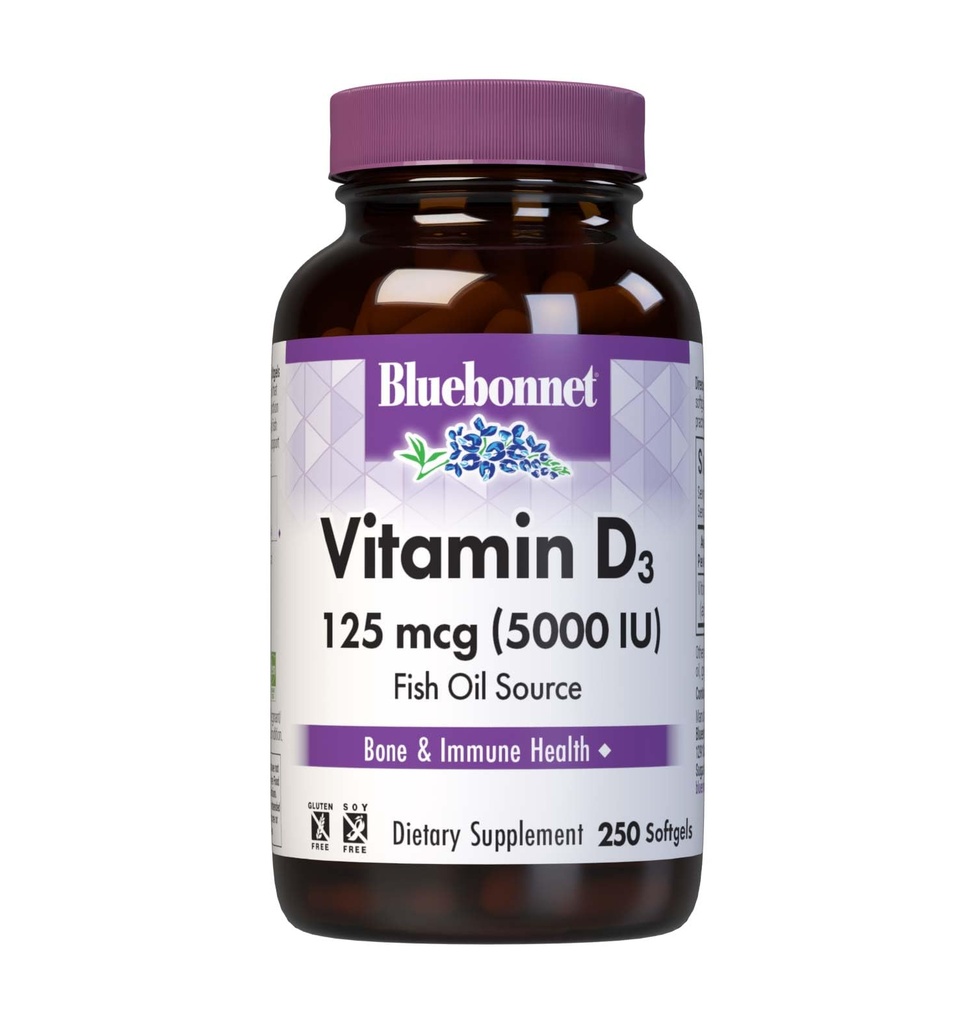 Bluebonnet Nutrition Vitamine D3 5000 UI Softgels, Aides à la croissance musculaire et squelettique, Cholecalciferol de l'huile de poisson, Non OGM, Sans gluten, Sans soja, Sans lait, Jaune, 250 Softgels