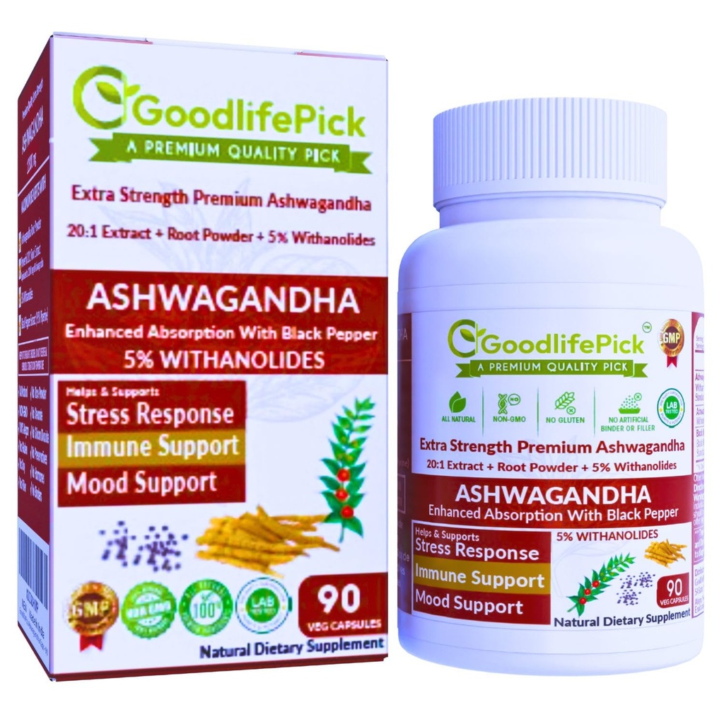 Capsules d'Ashwagandha premium avec poivre noir. Wthanolides puissants 5% de poudre d'Ashwagandha et 20:1 Extrait 90 ct.